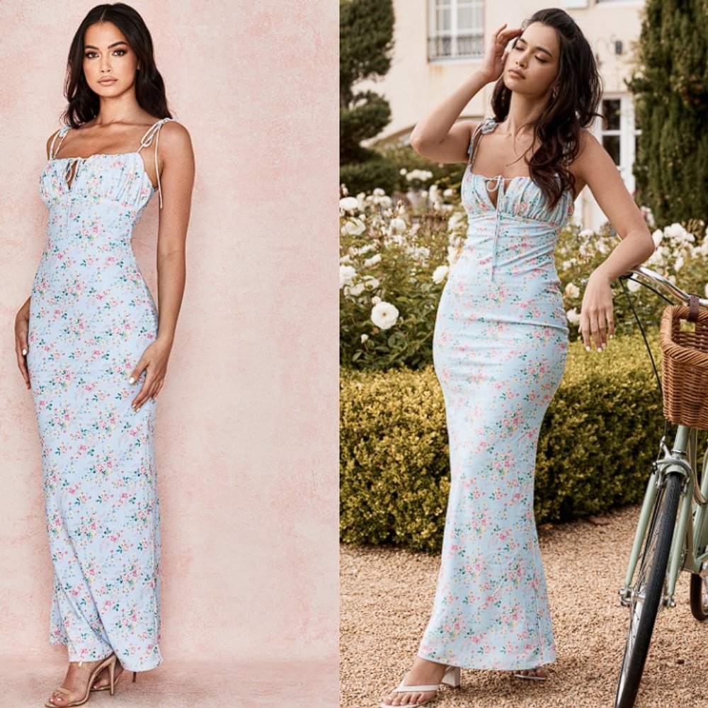 HOUSE OF CB 'Raphael' Pale Blue Floral Summer Maxi Dress NWT - Picture 3 of 8